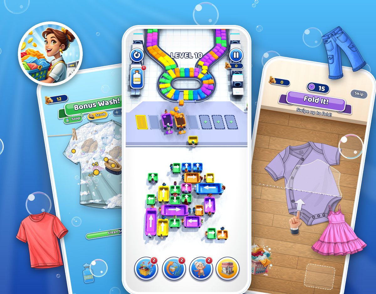 Three Laundry Jam screens: Bonus Wash, a level and Fold It