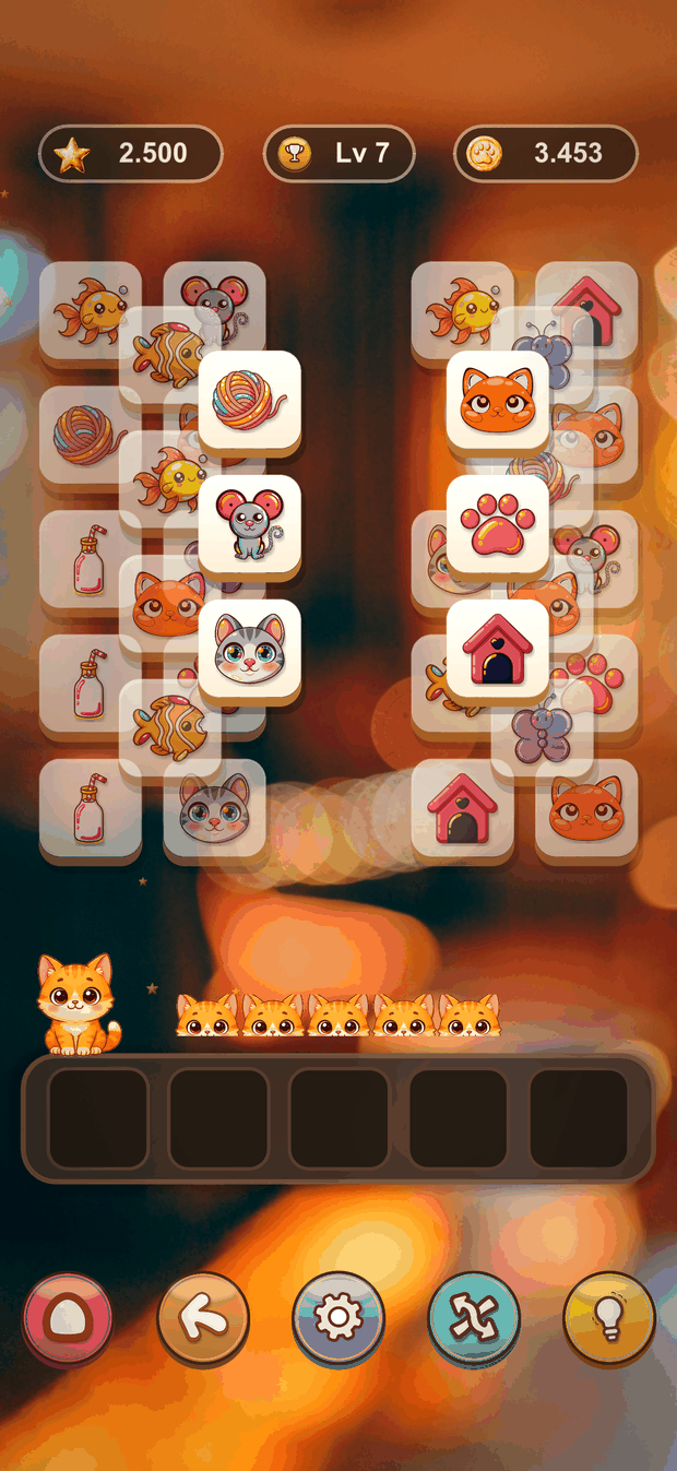 A classic PurrBuddy board mid-game, with the tile tray beneath it