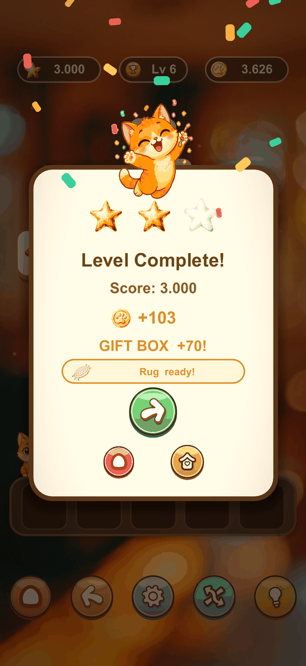 The level-complete card: two stars, the coins earned, and the next piece of furniture unlocked